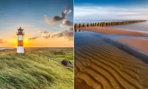 Latarnia morska na wydmach i falochrony na plaży o zachodzie słońca.