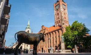Pomnik osiołka na Rynku Staromiejskim w Toruniu, w tle Ratusz i kościół. Jedna z wielu toruńskich atrakcji.