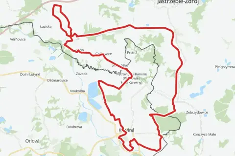 Mapa pokazuje żelazny szlak rowerowy. Zacznij od Jastrzębia-Zdroju lub Karwiny, by odkryć malownicze tereny.