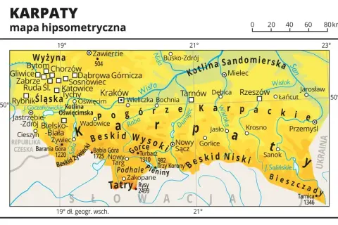 Mapa hipsometryczna Karpat w Polsce z zaznaczonymi miastami, rzekami i pasmami górskimi, takimi jak Tatry i Bieszczady.