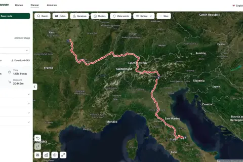 Zaplanowana trasa rowerowa przez Europę, od Francji przez Szwajcarię i Włochy. Długość 2024 km, czas 127h 31min.