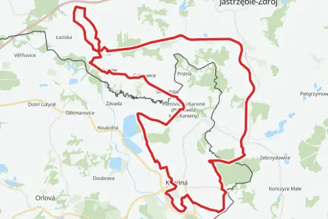 Mapa szlaku rowerowego w okolicy Jastrzębia-Zdroju, prowadzącego przez Łaziska, Petrovice i Karvinou.
