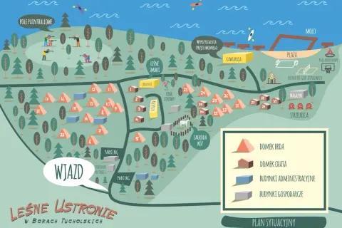 Mapa Leśnego Ustronia w Borach Tucholskich. Widok na pole paintballowe, wypożyczalnię sprzętu wodnego, plażę, strzelnicę i domki.