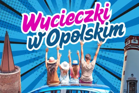 Odkryj magiczne miejsca opolskie! Rodzina na dachu auta pozdrawia z podróży po regionie, obok wieża i latarnia morska.