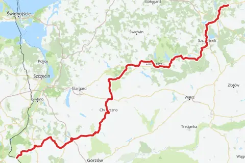 Mapa pokazuje trasę rowerową wzdłuż Odry, od Świnoujścia przez Szczecin, Gorzów Wielkopolski, aż po okolice Szczecinka.