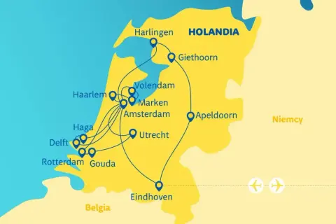 Mapa pokazuje gdzie jest Holandia, z zaznaczonymi miastami: Amsterdam, Haga, Rotterdam, Utrecht, Giethoorn i innymi.