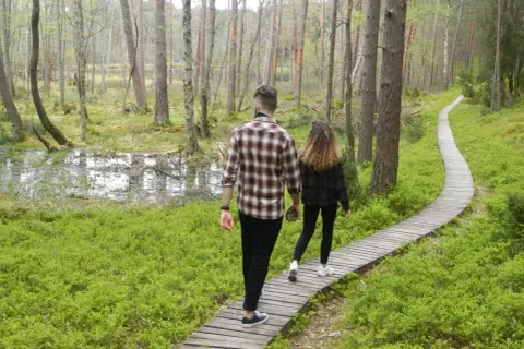 Para spaceruje drewnianą kładką przez las w kierunku jeziora kacze oko.