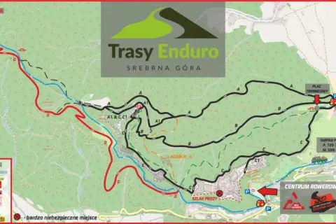 Mapa tras Enduro w Srebrnej Górze. Widać tu ścieżki rowerowe, punkty dostępu i oznaczenia tras, w tym "D-ROMET RED LINE".
