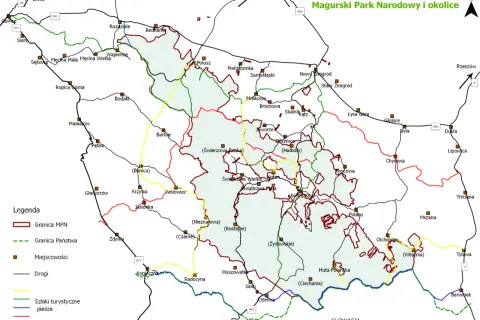 Mapa Magurskiego Parku Narodowego i okolic. Zaznaczone miejscowości, drogi i szlaki turystyczne. Zobacz, co warto zobaczyć w Magurskim Parku Narodowym!