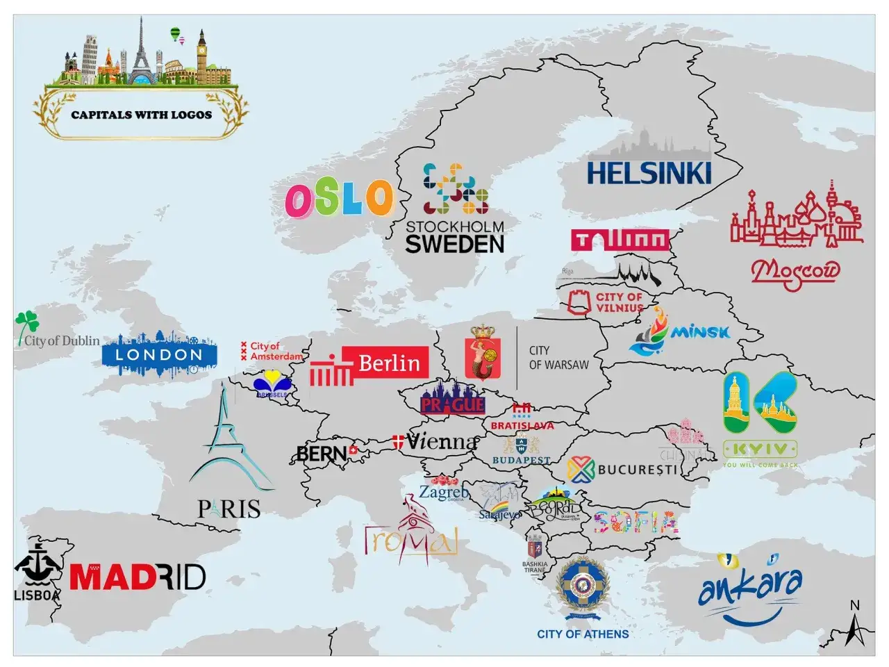Mapa Europy z zaznaczonymi stolicami i ich logotypami. Od Oslo po Ankarę, poznaj stolice Europy.