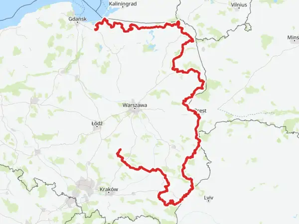 Mapa Polski z zaznaczoną na czerwono najdłuższą ścieżką rowerową w Polsce, biegnącą od wybrzeża Bałtyku przez Warszawę aż po okolice Krakowa.