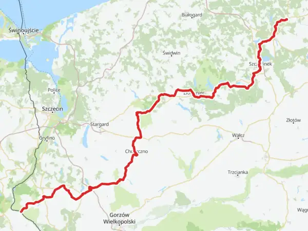 Mapa pokazuje trasę rowerową wzdłuż Odry, od Świnoujścia przez Szczecin, Gorzów Wielkopolski, aż po okolice Szczecinka.