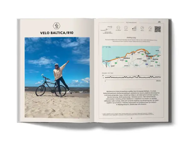 Rowerzystka na plaży z rowerem, obok mapa trasy Velo Baltica/R10. To nie są trasy rowerowe Słowacja, lecz polskie wybrzeże Bałtyku.