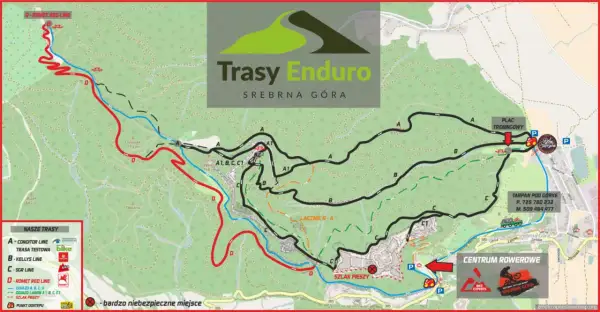 Mapa tras Enduro w Srebrnej Górze. Widać tu ścieżki rowerowe, punkty dostępu i oznaczenia tras, w tym "D-ROMET RED LINE".